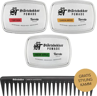 Produktbild von Störtebekker® Premium Pomade Wasserbasiert Probierset + GRATIS Styling Kamm - 3 x Pomade Herren 'Torreto Series'
