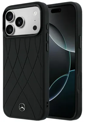 Image de Coque Mercedes pour iPhone 18 Pro Max, modèle "Crossed Lines", avec aimant MagSafe, en simili cuir noir, avec logo en métal