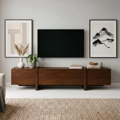 Produktbild von Lowboard LEILA aus Massivholz 220 cm, Kastanie Finish - TV Lowboard mit 2 Türen und Klappe, Fernsehschrank aus Kiefernholz, TV Board mit Stauraum, Holz Sideboard Wohnzimmer