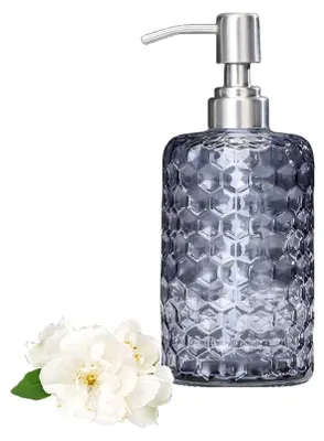 Produktbild von Grauer Seifenspender aus Glas, 500 ml, mit Edelstahlpumpe, nachfüllbare Flasche für Handseife, Lotion, Duschgel, moderner Landhausstil, Spender für Geschirrspülmittel für Bad oder Küche.