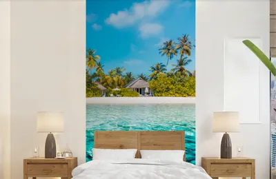 Produktbild von MuchoWow® Fototapete für Wohnzimmer oder Schlafzimmer Wandtapete Vinyl Motivtapete Strand - Palmen - Meer - 120x240 cm - Hintergrundbild