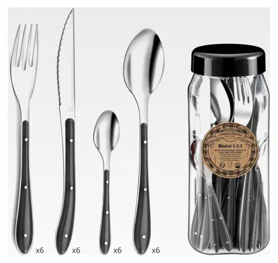 Produktbild von Bistro Besteck, 24 Teile, Edelstahl, 1,5 mm dick, Grau/Schwarz, 9 x 9 x 24 cm