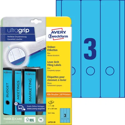 Zdjęcie produktu dla Avery Zweckform® L4753-20 L4753-20 Etykiety do segregatorów - szerokie/długie, (A4 - 20 arkuszy) 60 sztuk, niebieskie