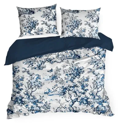 Image de EUROFIRANY | Linge de lit - Parure de lit - blanc et bleu - 220 x 200 cm - 100 % satin de coton - Parure de lit - à motifs floraux