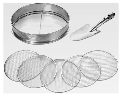Produktbild von 5-in-1 Gartensieb aus Edelstahl mit 5 austauschbaren Siebeinsätzen Ø 3, 6, 9, 10, 12 mm und 26 cm langem Handspaten für Erde, Steine, Kompost, Sand usw. 30 cm rund, rostgeschützt