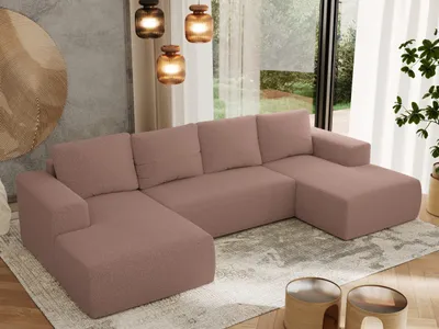 Produktbild von MKS MEBLE Sofa mit Schlaffunktion - Ecksofa mit Schlaffunktion und Bettkasten - Sofa 5 Sitzer - Schlafsofa - Couch - Schlafsofa mit Bettkasten - Trentino U - Rosa Boucle