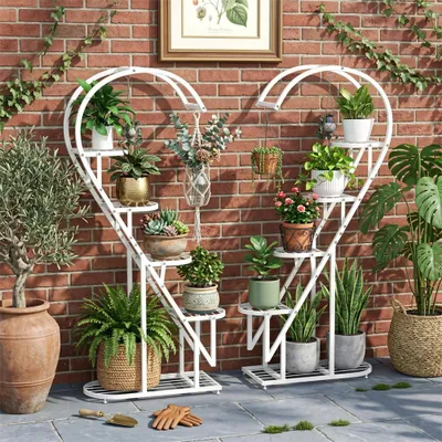 Image de Support pour plantes Zerbaco, en métal, 5 niveaux, avec crochets de suspension, pour de nombreuses plantes, blanc