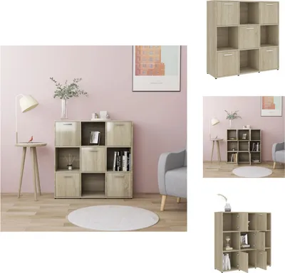 A collage of images showing a wooden cube storage unit in different settings and angles.