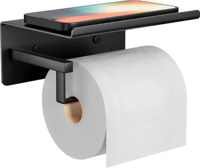Immagine prodotto di Porta rotolo di carta igienica Autoadesivo nero con ripiano - Senza foratura Porta rotolo di carta igienica