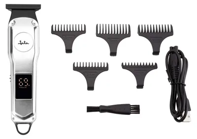 Produktbild von JATA JBCP4200 Haarschneidemaschine für Herren, T-Klinge, 5 Aufsteckkämme (1–5 mm), Betriebsdauer 90 Min., wiederaufladbar, Schwarz/Silber