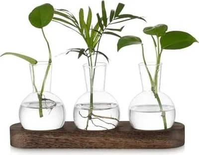Produktbild von Hewory Terrarium Pflanzen Blumenvase Hydrokultur: Vintage Propagation Station Hydroponic Kleine Vasen für Tischdeko, Terrarium Glas Vase mit Tablett Braunt, 3 Glasvase Klein für Tischdeko Büro Deko