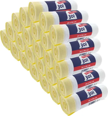 Produktbild von Müllbeutel weiß mit Zugband 30 Liter – 25 Rollen für Haushalt & Büro, reißfest