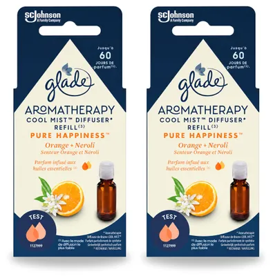 Imagen del producto de 2 unidades de recambio Glade Aromaterapia Pure Happiness, fragancias de naranja y neroli, 17,4 ml, pack ahorro