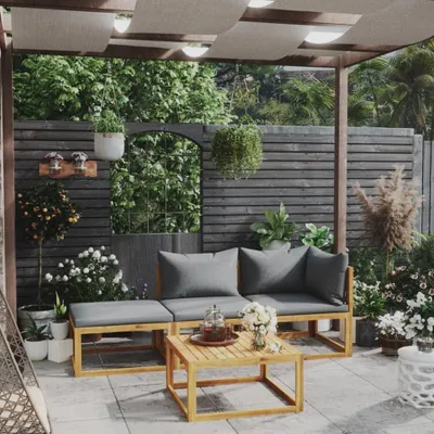Produktbild von 4-teiliges Garten-Lounge-Set aus massivem Akazienholz mit Auflagen, Couchtisch im Lattenrost-Design und modularer Sitzgruppe für die Terrasse