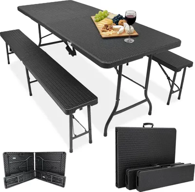 Produktbild von Devillo® Bierzeltgarnitur 3-teilig klappbar Rattanoptik – Tisch 180x74 cm + 2 Bänke – wetterfest – pflegeleicht – Outdoor Sitzgruppe – für Garten Camping Balkon Terrasse Party