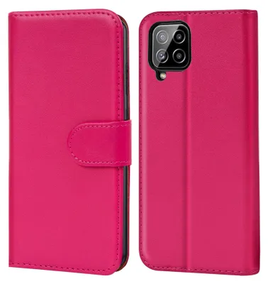 A pink flip case for a smartphone is shown from the front and back.
