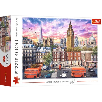 The image shows the packaging of a 4000-piece puzzle depicting a London street scene at sunset.