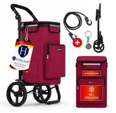Produktbild von Klappbarer Einkaufstrolley TRAGINO | 3-in1 Einkaufswagen | Kühl- und Getränkefach | groß & modern | abnehmbare Tasche | Bordeaux Rot | Volumen: 60 Liter, KI-generiertes Bild