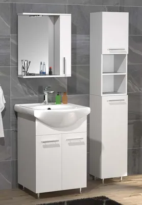 Produktbild von VCM 4-tlg. Waschplatz | Waschtisch Unterschrank 55 cm | Badmöbel Set mit Waschbecken Spiegeschrank Hochschrank | praktische Drehtüren Komplettset Lisalo M