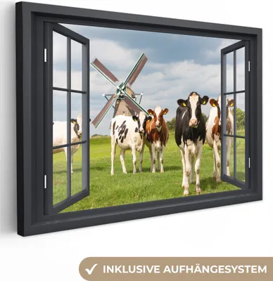 Produktbild von Leinwand Bilder 120x80 cm - Fensterblick - Kuh - Mühle - Kühe - Wiese - Gras - Grün, Bilder, Wanddeko, Wandbilder Wohnzimmer