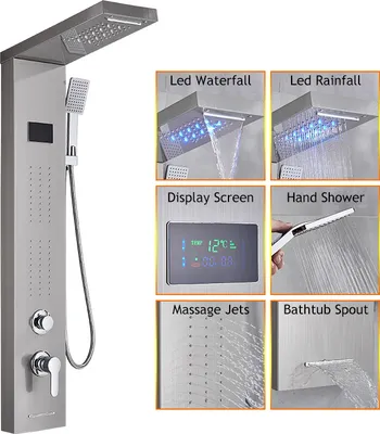 Obrázok produktu pre Kúpeľňový LED sprchový panel digitálny displej masážne trysky vodopád vaňa výtok sprchový stĺpec, brúsený nikel