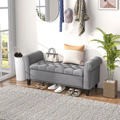 Produktbild von SUGIFT Polsterbank Bettbank, Sitzbank mit Stauraum, Samtoptik Knopfheftung, Grau  |  Polyester-Samt  |  17,6 kg  |  126 x 48,5 x 57 cm
