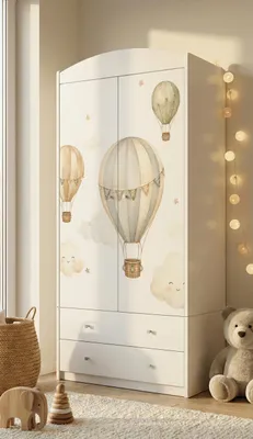 Produktbild von 2-türiger Kinderzimmer Kleiderschrank Weiß mit buntem Motiv, Babyzimmer Schrank inkl. Schubladen, 88x187x54 cm
