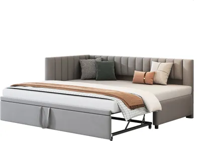 Produktbild von okwish Kinderbett 90/180×200cm Polsterbett Schlafsofa mit Ausziehbett，Tagesbett Jugendbett in Samtstoff，platzsparendes Design，Ohne Matratze，Hellgrau