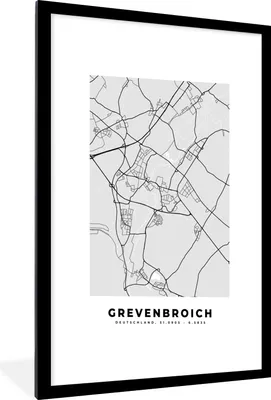 Produktbild von MuchoWow® Gerahmtes Poster Karte - Grevenbroich- Deutschland - Stadtplan 60x90 cm - Poster mit Schwarzem Bilderrahmen Wandposter Rahmen Foto Bilder - Dekoration - Wandposter Wohnzimmer - Hochwertig
