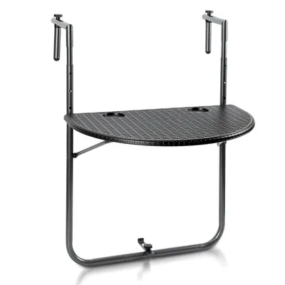 Produktbild von Jayseuw Balkonhängetisch 84x60x64 cm bis 20 kg Balkontisch Hängetisch Klappbar Klapptisch Balkon Tisch halbrund Rattan-Optik  höhenverstellbar Schwarz