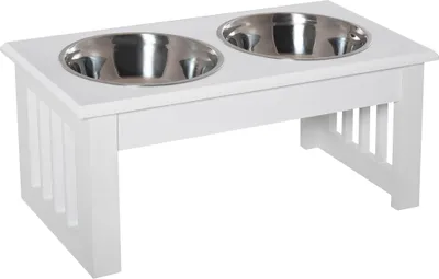 Obrázek produktu pro PawHut Vyvýšená miska pro psy Miska na krmivo se 2 miskami Miska na vodu 2 x 900ml nerezové misky Miska na krmení Krmná stanice Miska pro malé psy Kočky Bílá barva