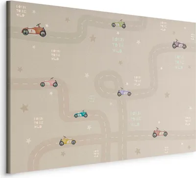 Produktbild von Italienischer Leinwand Leinwandbild - Race - Colorful Cars on a Road on a Beige Background with Inscriptions 60x40 cm Für Kinder e-C-10067-b-a