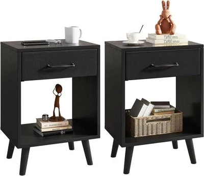 Productafbeelding van Nachttafel Set - Nachtkastje Bijzettafel - Opbergen Slaapkamer - Massief Houten Poten - 295 x 39 x 595 cm - Zwart