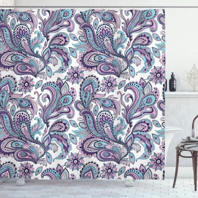 Image de ABAKUHAUS Rideau de douche Paisley, fleurs bleues et violettes, motif floral, style bohème, imprimé champêtre, 175 x 200 cm, blanc, violet, bleu