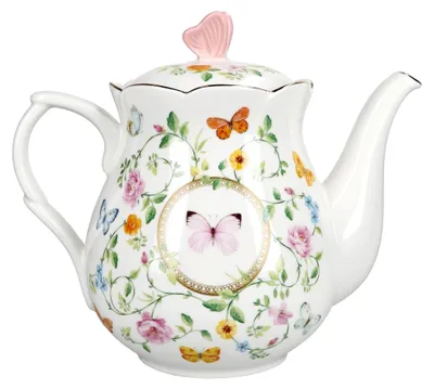 Produktbild von Teekanne mit Deckel aus Porzellan in Blumen-Design und Schmetterlingen, 900 ml