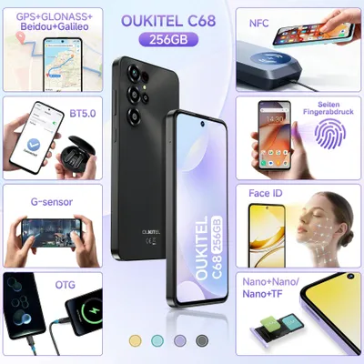 Produktbild von OUKITEL C68 24GB(8+16)+512GB/1TB TF Smartphone Ohne Vertrag, 7,2 Zoll 120 Hz HD+ IPS Display, 6000 mAh 64 MP Android 15 4G Dual-SIM Handy,NFC, Schwarz