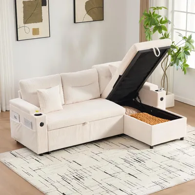 Produktbild von STILVORA Moderne 3-Personen Cordsofa mit Stauraum, Schlafsofa mit Getränkehaltern und USB-C, hydraulischer Chaiselongue, ergonomisch, Beige