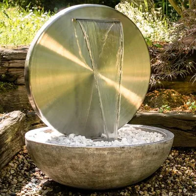 Produktbild von KÖHKO® Wasserwand Ø 55 CM mit einer Halbschale in Natursteinoptik mit LED- Beleuchtung „Bocca“ 22011 aus matt gebürsteten Edelstahl mit Becken aus Polyresin
