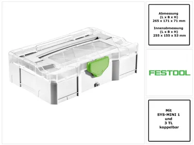 Zdjęcie produktu dla Festool T-LOC SYS MINI 1 TL TRA MINI Systainer ( 203813 ) Walizka na drobne części z przezroczystą pokrywą może być połączona z SYS-MINI 1 i 3 TL.