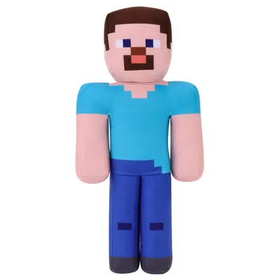 A plush toy of the Minecraft character Steve, standing upright against a white background.