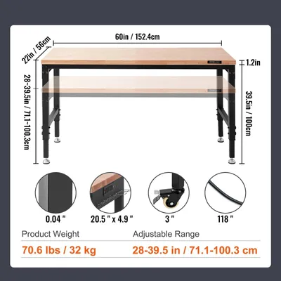 Obrázok produktu pre Pracovný stôl - Pracovná doska - Malý pracovný stôl - Pracovné miesto - Výškovo nastaviteľný (rozsah 71-100 cm) - Nosnosť 2000 libier