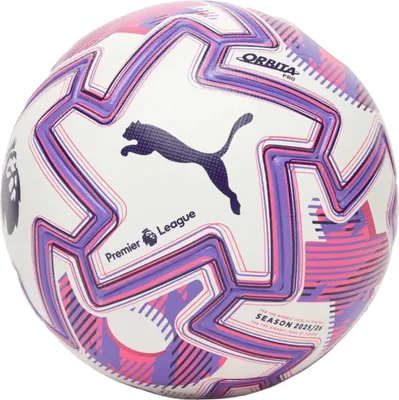 A white soccer ball with purple and pink geometric patterns and branding.