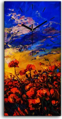 Produktbild von Wanduhr Bürouhr Leinwand Bild Quarz 30x60 Blume wiese bunte Himmel Landschafts - schwarze Hände