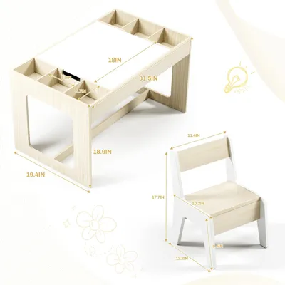 Immagine prodotto di Tavolino per bambini con 2 sedie - Set da gioco e da disegno in legno - Con vano portaoggetti e piano d'appoggio rimovibile - Rettangolare 80×49×48 cm - Effetto legno bianco