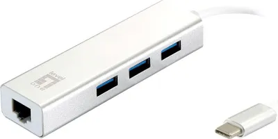 Produktbild von LevelOne Gigabit USB-C Netzwerkadapter mit USB Hub, Kabelgebunden, USB Typ-C, Ethernet, 1000 Mbit/s, Silber