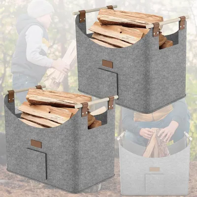 Obrázok produktu pre ROSEJANE, 2-dielna sada vlnených kôš na drevo, 50 x 32 x 40 cm, skladacia drevená nádoba s drevenými rúčkami, nosnosť do 40 kg, kôš na drevo do krbu, sivá farba