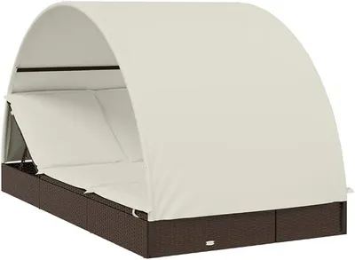 Produktbild von 2-Personen-Sonnenliege mit Dach Braun 211x112x140 cm, Doppel-Gartenliege aus Poly Rattan und Stahl, Liegeinsel mit verstellbarem Kopfteil und Kissen für Balkon
