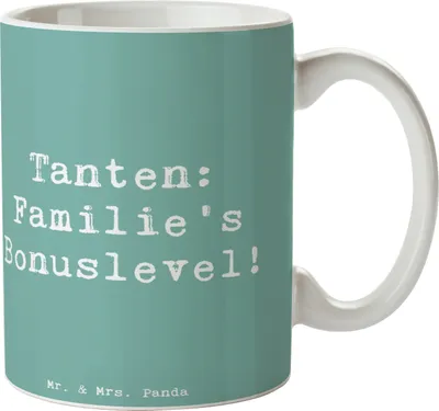 Produktbild von Mr. & Mrs. Panda Tasse Spruch Tante Bonuslevel - Meeresbrise - Geschenk, Geschenktasse, emotional, Familienmitglieder, Kaffeebecher, Freude, Nichte, Lustig, Teetasse