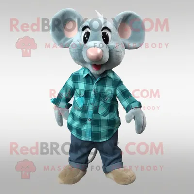 Produktbild von Cyan-Maus REDBROKOLY Maskottchen kostüm gekleidet mit einem Flanellhemd und Kummerbunden
