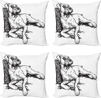 Produktbild von ABAKUHAUS Boxer-Hund Kissenbezug Set (4 Stück), Tier Tribal Elements, Moderner Doppelseitiger Digitaldruck, 45 cm x 45 cm, Charcoal Grau und Weiß